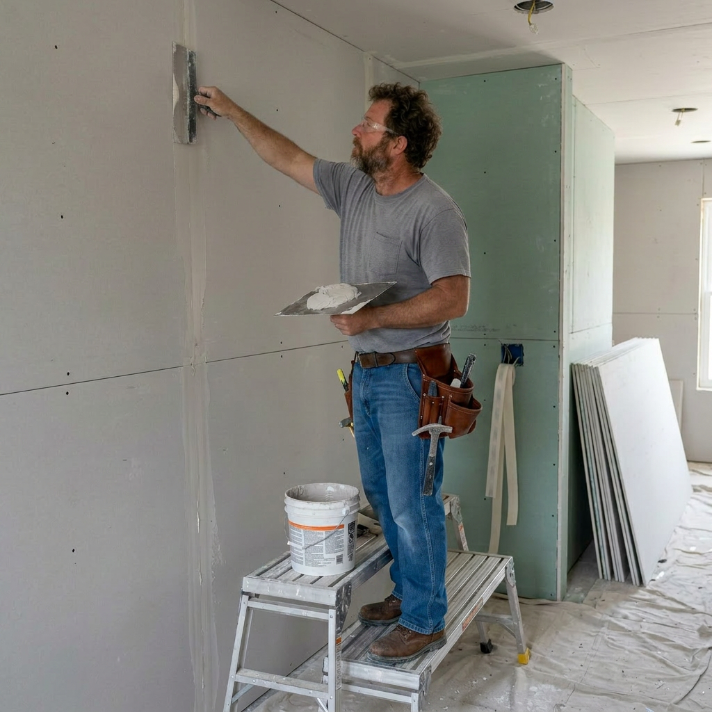 Worker spreading joint compound on drywall seams standing on step stool